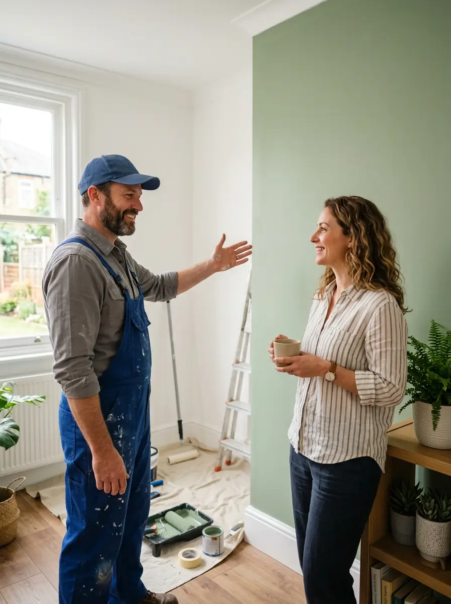 Painter in work overalls talking with a homeowner in a freshly painted room, pointing toward the finished wall