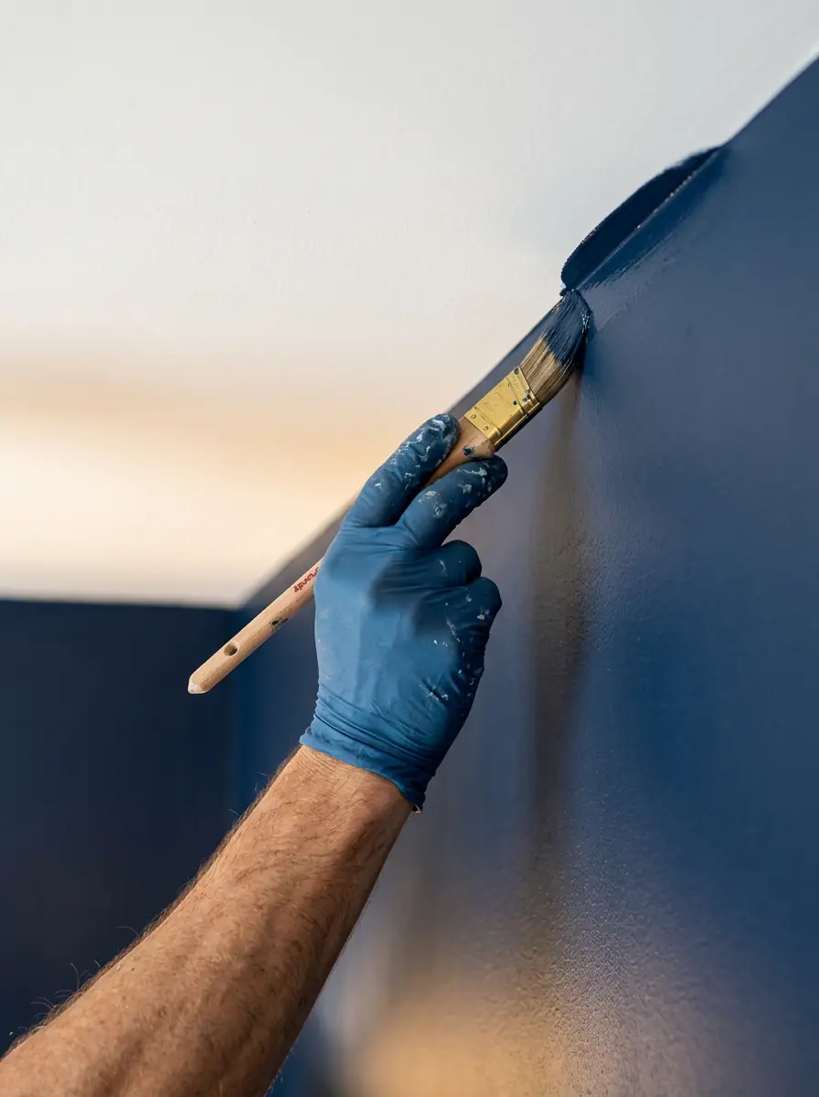 Close-up of a gloved hand cutting a razor-sharp paint line with a trim brush between a navy blue wall and white ceiling
