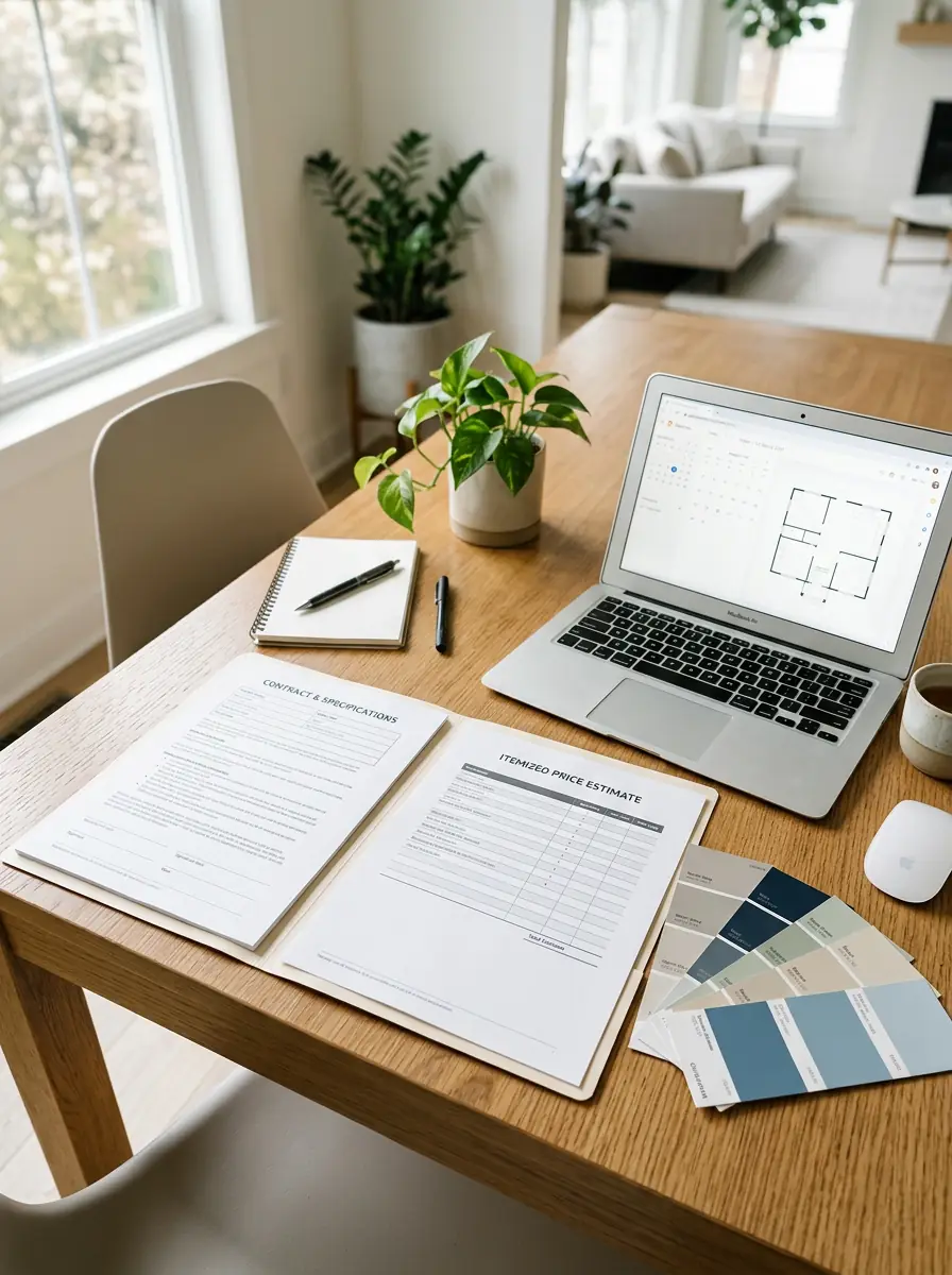Itemized painting estimate and contract laid out on a dining table with paint swatch fan decks and a laptop