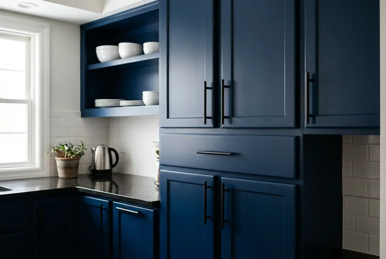 The same kitchen cabinets after sprayed lacquer refinishing in a smooth satin finish with new hardware