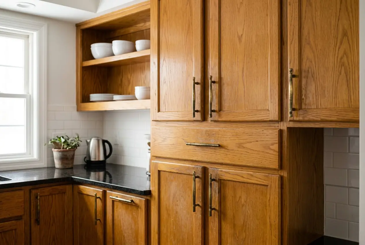 Worn honey-oak kitchen cabinets with dulled varnish and dated hardware before refinishing