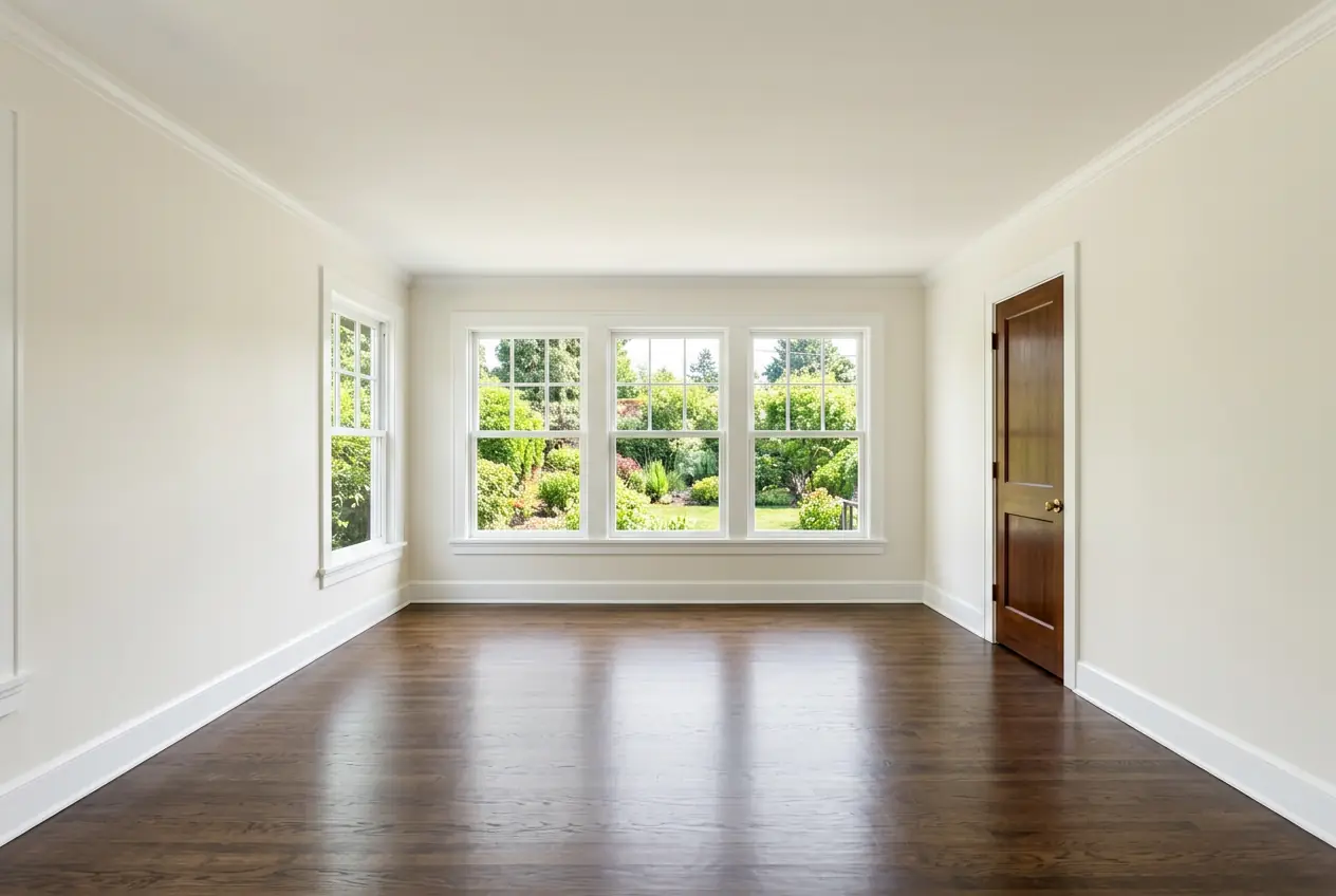 The same living room after repainting with a crisp navy accent wall, bright white trim and smooth ceiling