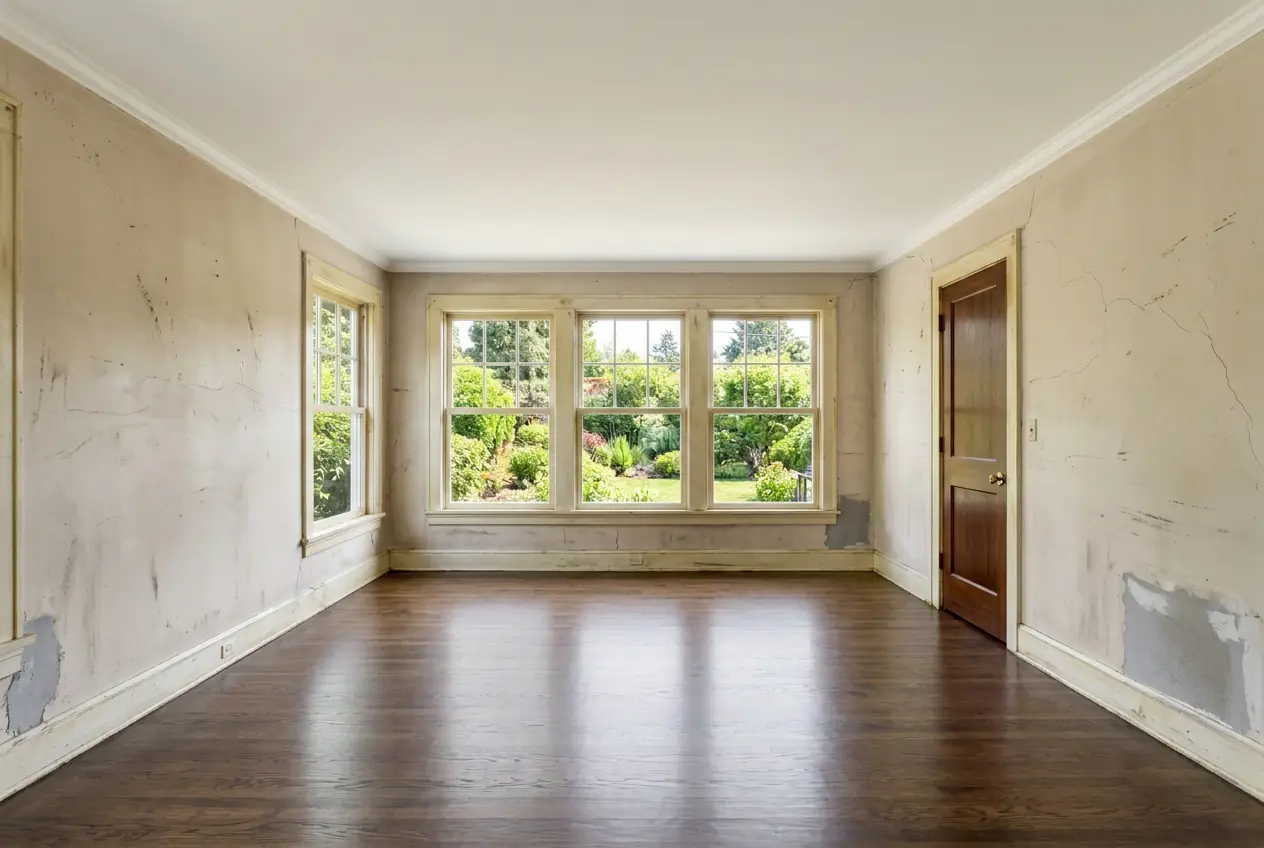 Dated living room with scuffed beige walls, patched drywall and yellowed trim before repainting