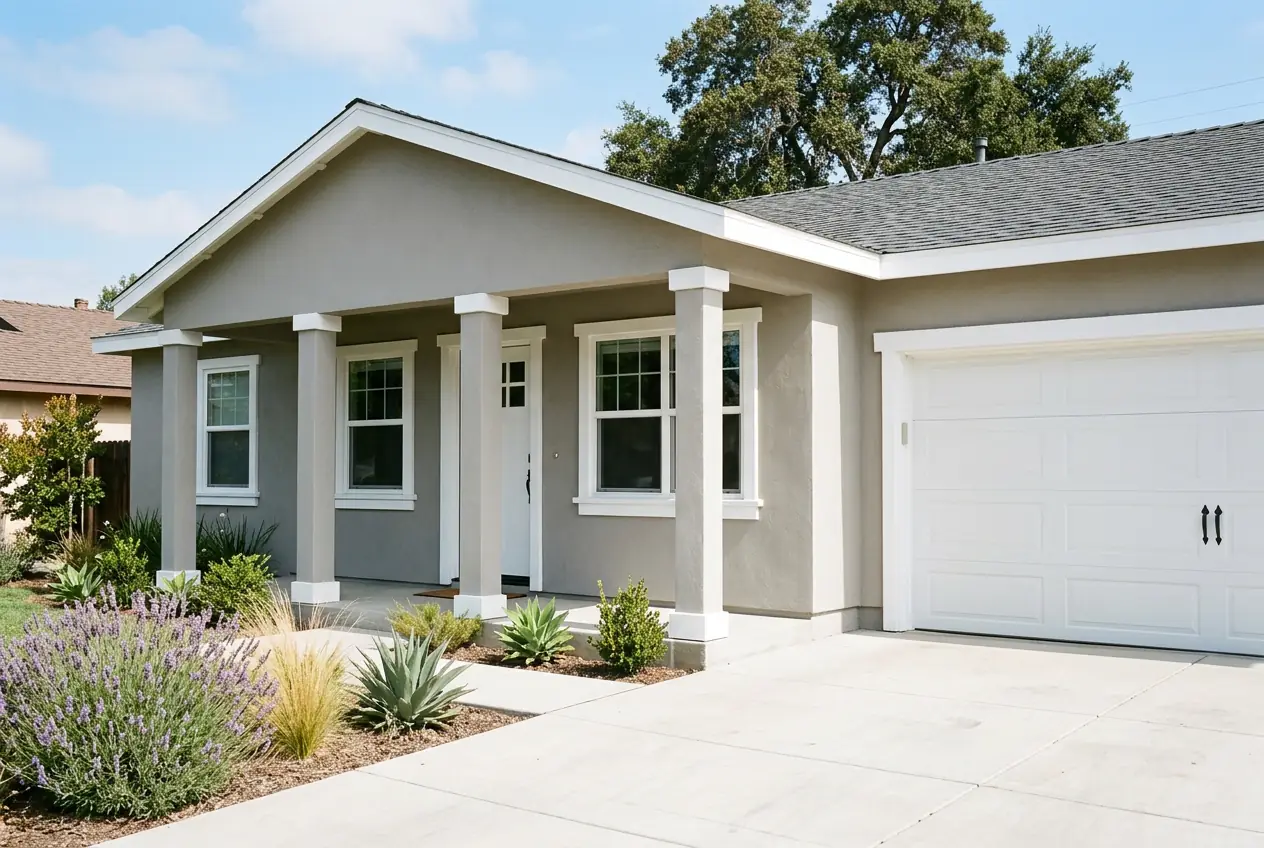 The same stucco exterior after crack repair and a fresh warm-white elastomeric repaint with clean fascia lines