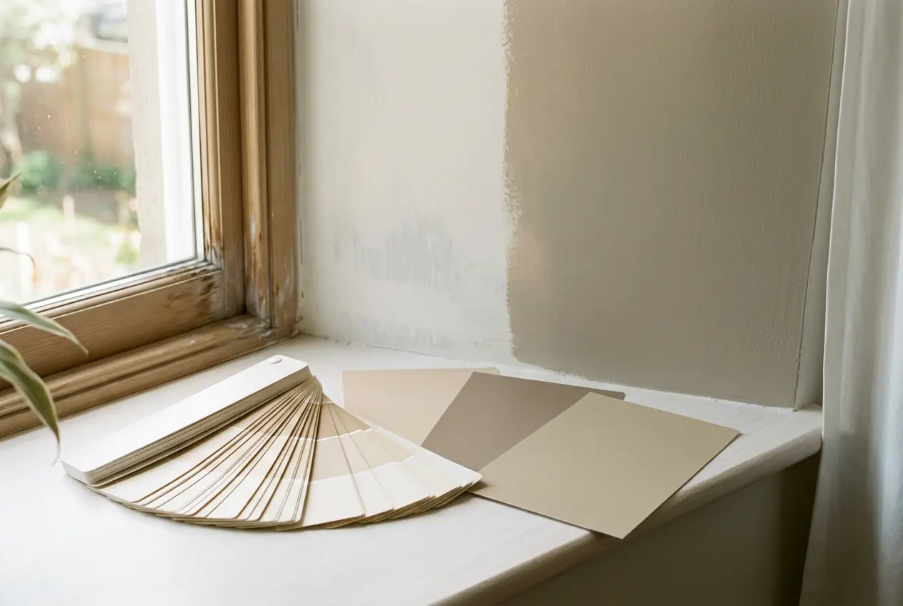 Paint color fan deck and large neutral color chip cards on a bright windowsill beside a partially painted interior wall
