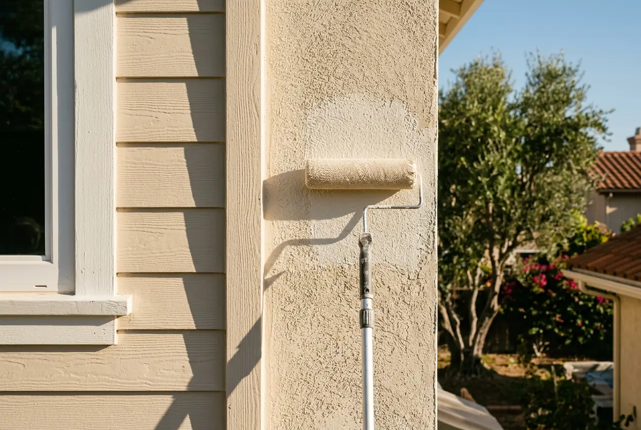 Sunlit exterior stucco wall and wood lap siding of a Southern California home mid-repaint with a roller on an extension pole