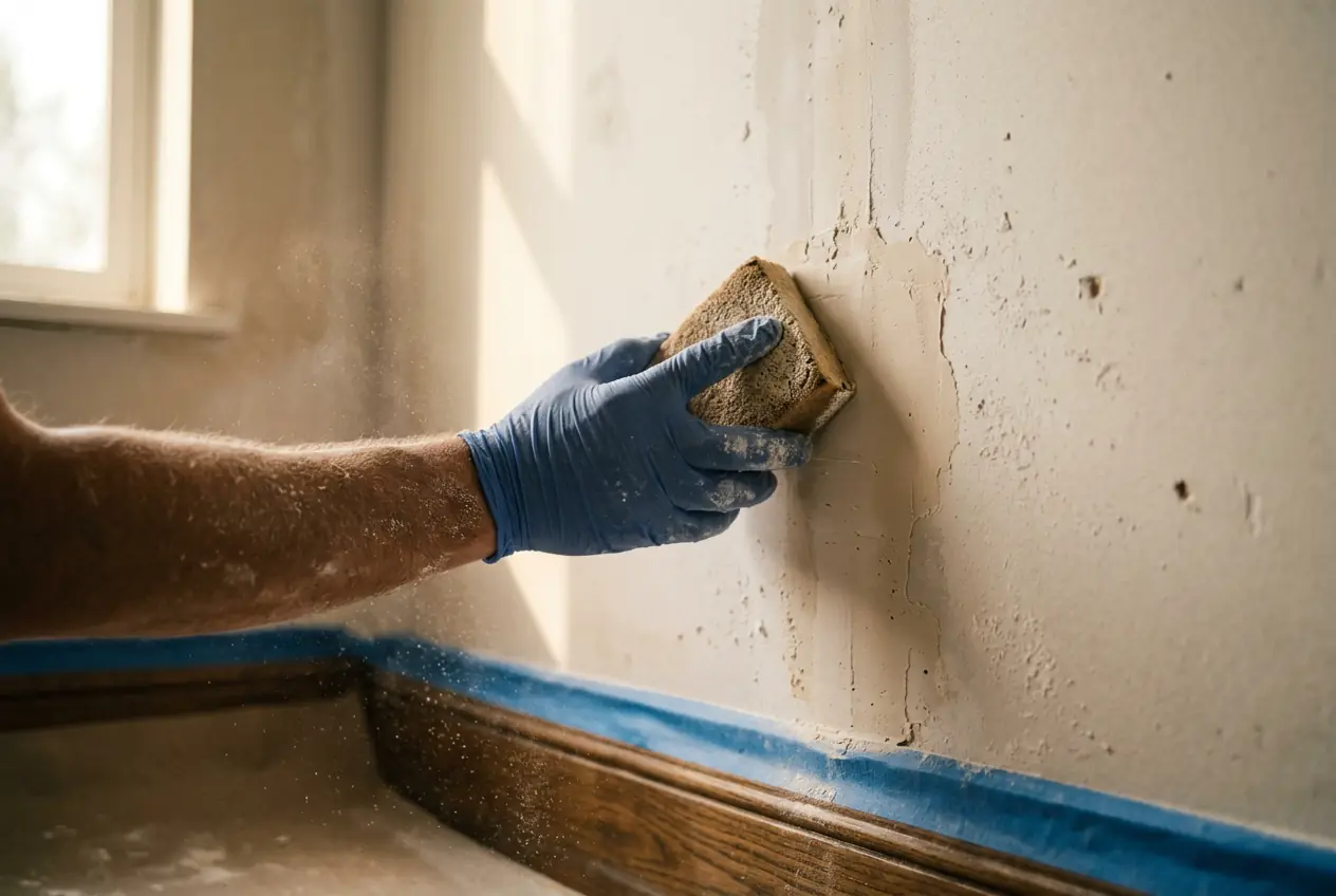 Gloved hand sanding a patched interior wall with a sanding sponge in warm window light, blue painter's tape along the wood baseboard