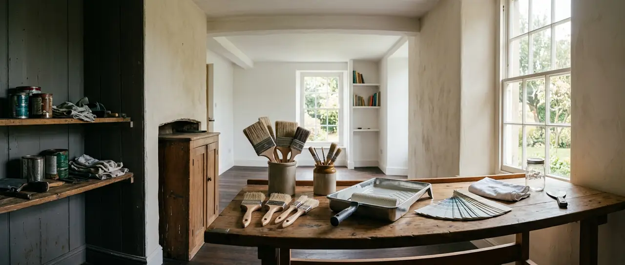 Panoramic painter's workshop with sash brushes, a clean paint tray and a colour swatch fan on a sunlit wooden workbench