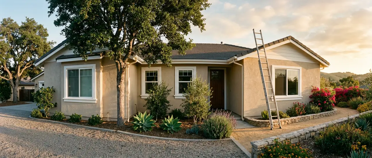 Panoramic exterior of a freshly painted stucco home at golden hour with crisp white trim and an extension ladder leaning against the wall