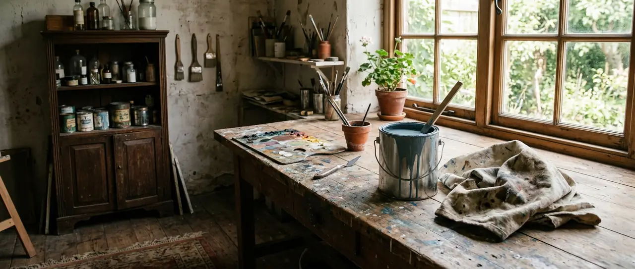Panoramic painting workshop corner with paint tins on a dark cabinet, an open paint can with stir stick and a folded canvas drop cloth by a window