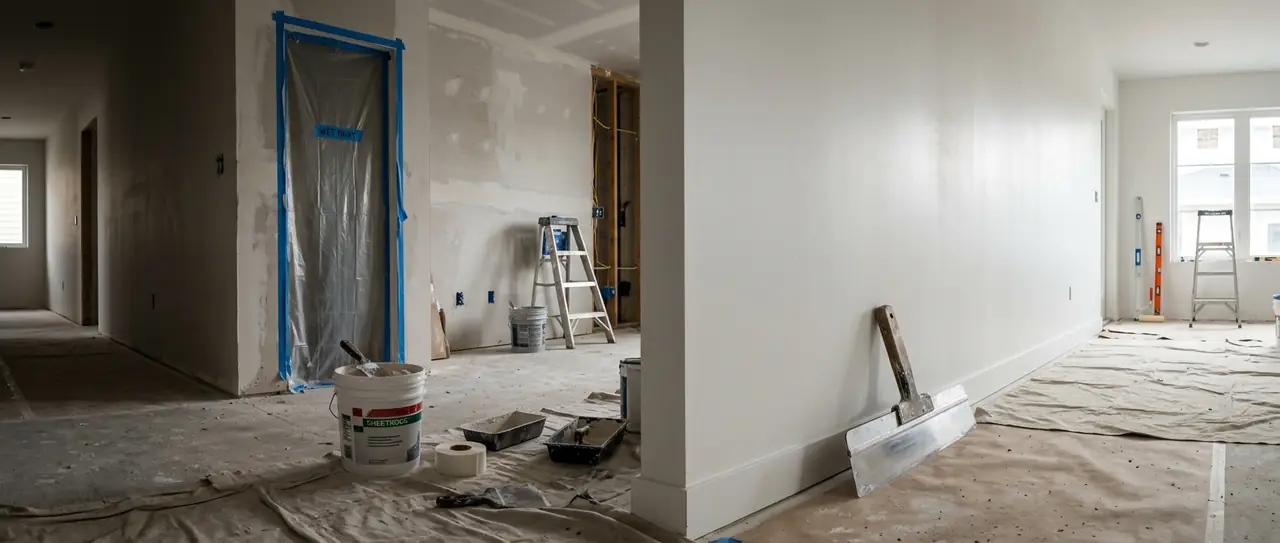 Panoramic home interior mid-renovation with taped-off doorway, joint compound bucket and a taping knife leaning against a freshly finished wall