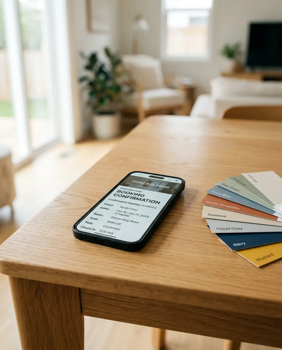 Smartphone on a wooden table beside paint colour swatch cards showing a painting estimate booking confirmation