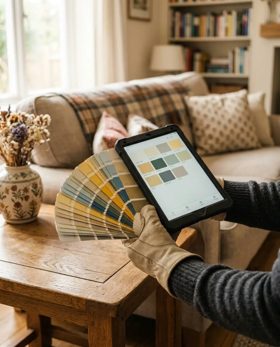 Gloved hand holding a tablet and a fan of paint colour palette swatches in a sunlit living room during a painting consultation