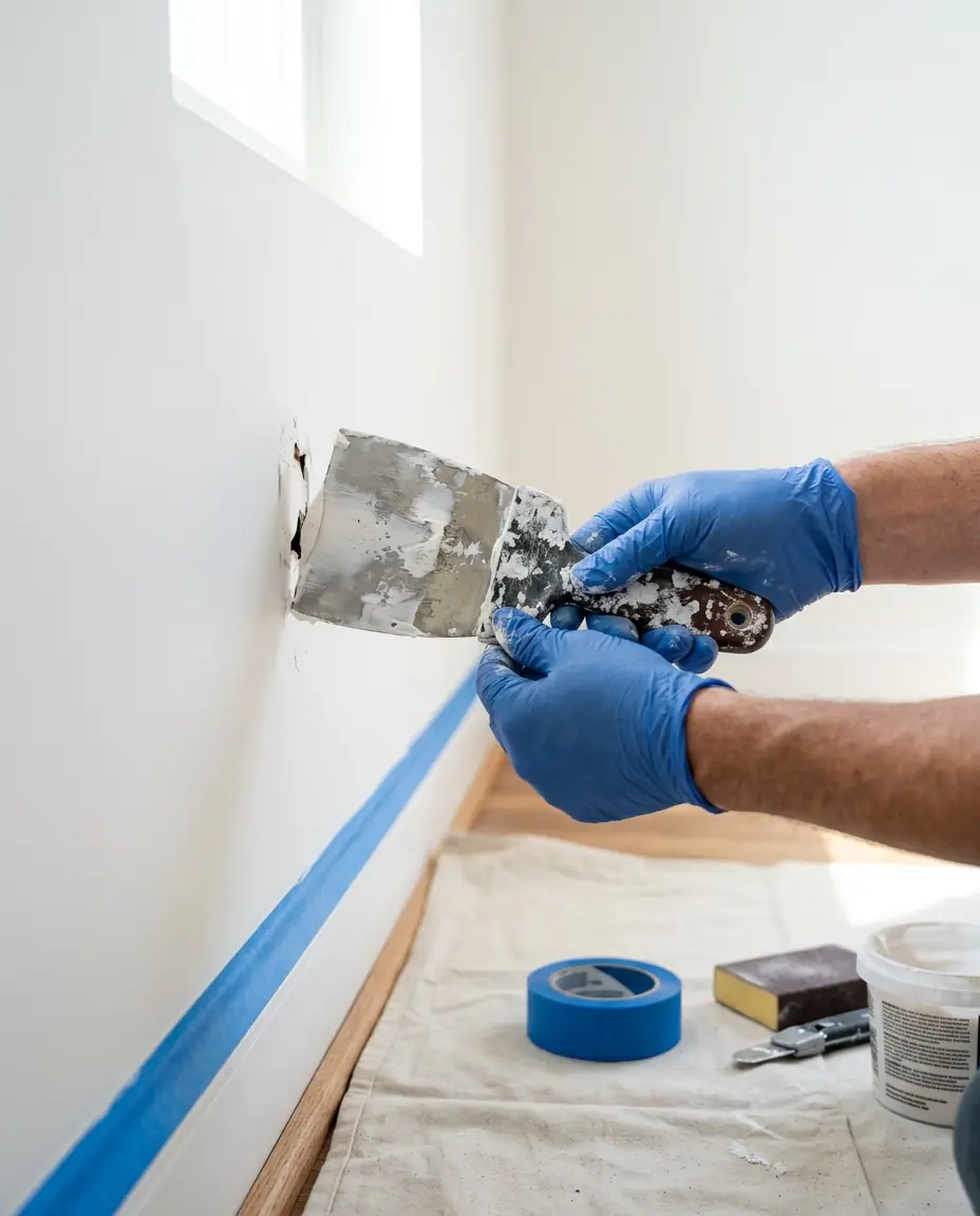 Gloved hands patching an interior drywall surface with a putty knife next to painter's tape and a canvas drop cloth