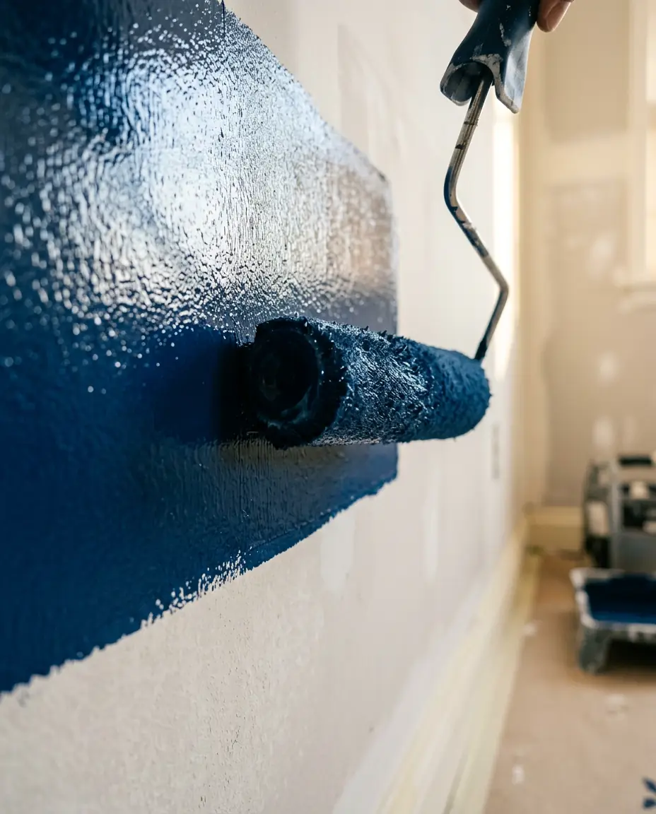 Paint roller applying smooth navy blue paint to a primed interior wall with a crisp wet paint line