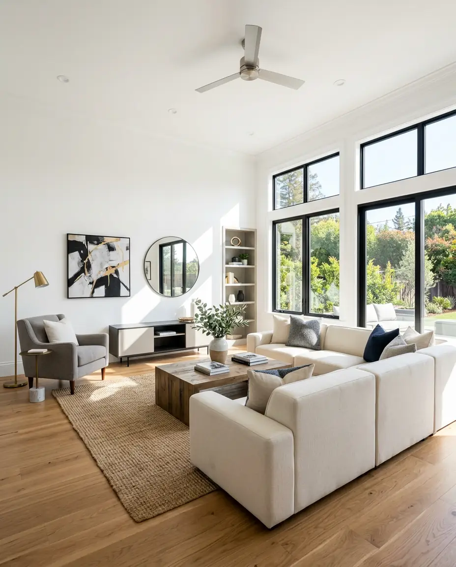 Freshly painted modern living room with pristine white walls, immaculate trim and clean hardwood floors after a repaint