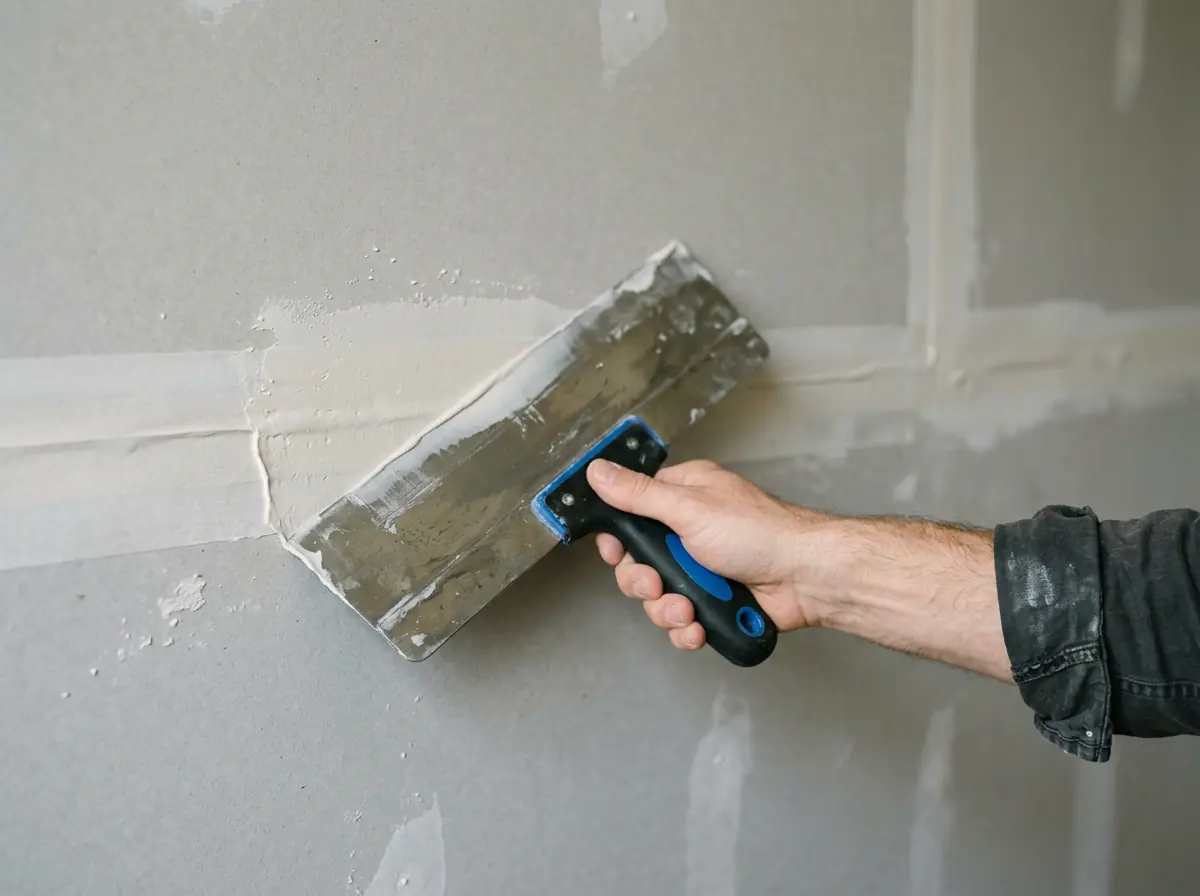 Taping knife smoothing joint compound over a drywall seam during a Panorama City drywall repair