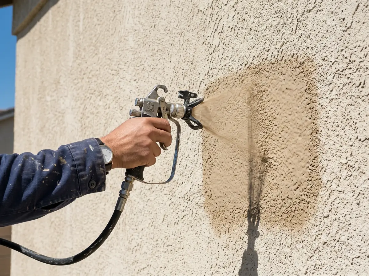 Airless paint sprayer applying beige weather-resistant exterior coating to a stucco house wall