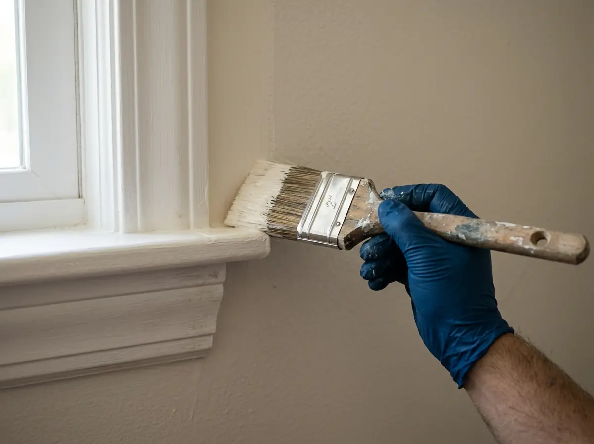 Painter cutting a crisp line of off-white interior paint along door trim with an angled sash brush in a San Fernando Valley home