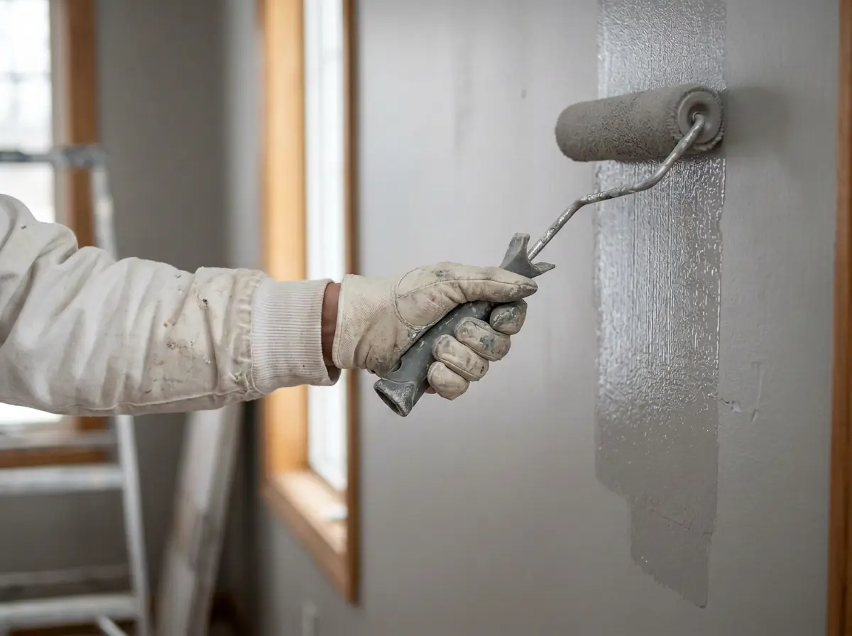 Paint roller loading soft grey low-VOC latex paint from a bucket before rolling an interior wall