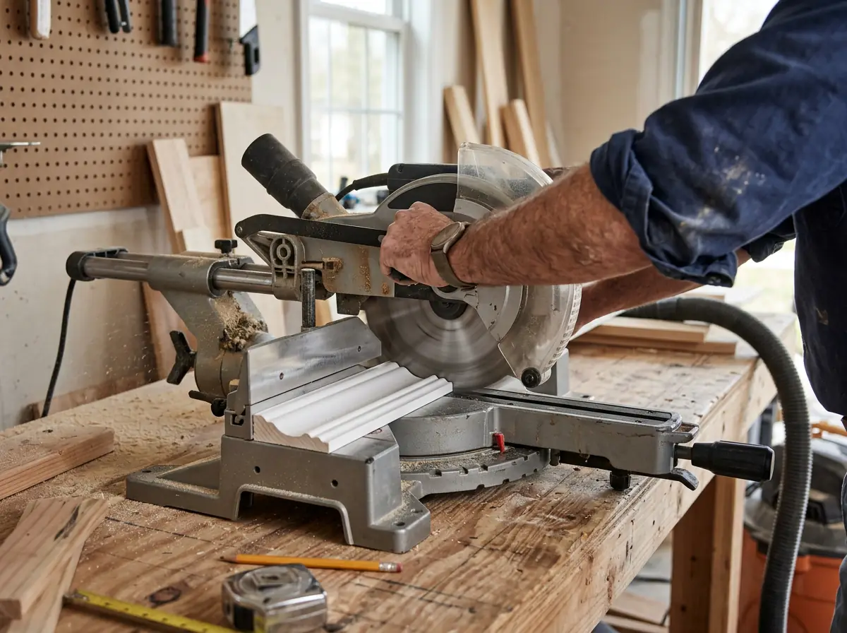 Miter saw cutting white crown molding trim on a workbench during light carpentry work