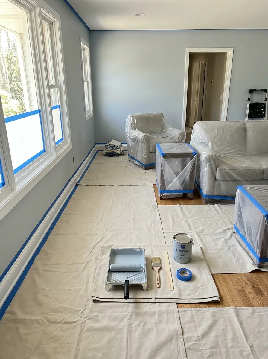 Interior room prepped for painting with drop cloths, wrapped furniture and painter's tape