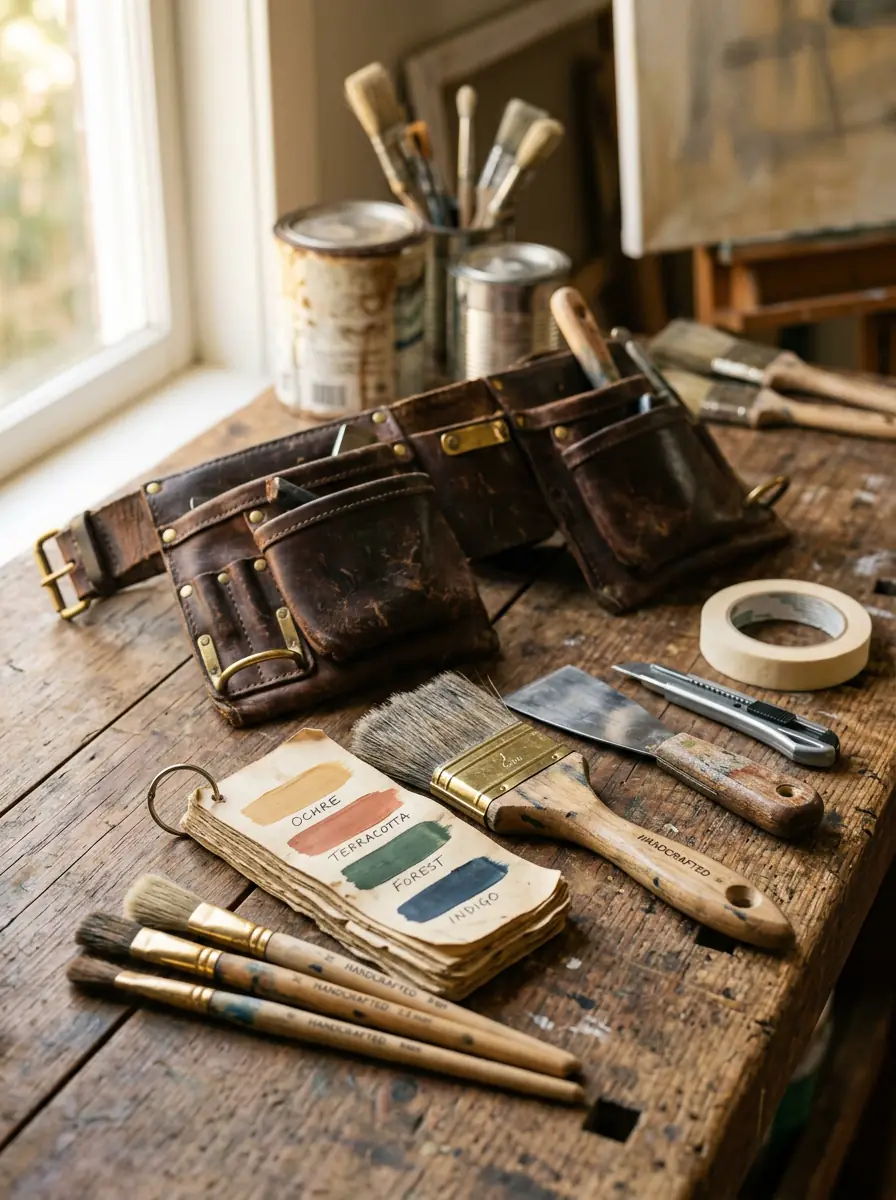 Worn leather painter's tool belt, wooden paint brushes and colour swatches arranged on a sunlit workbench