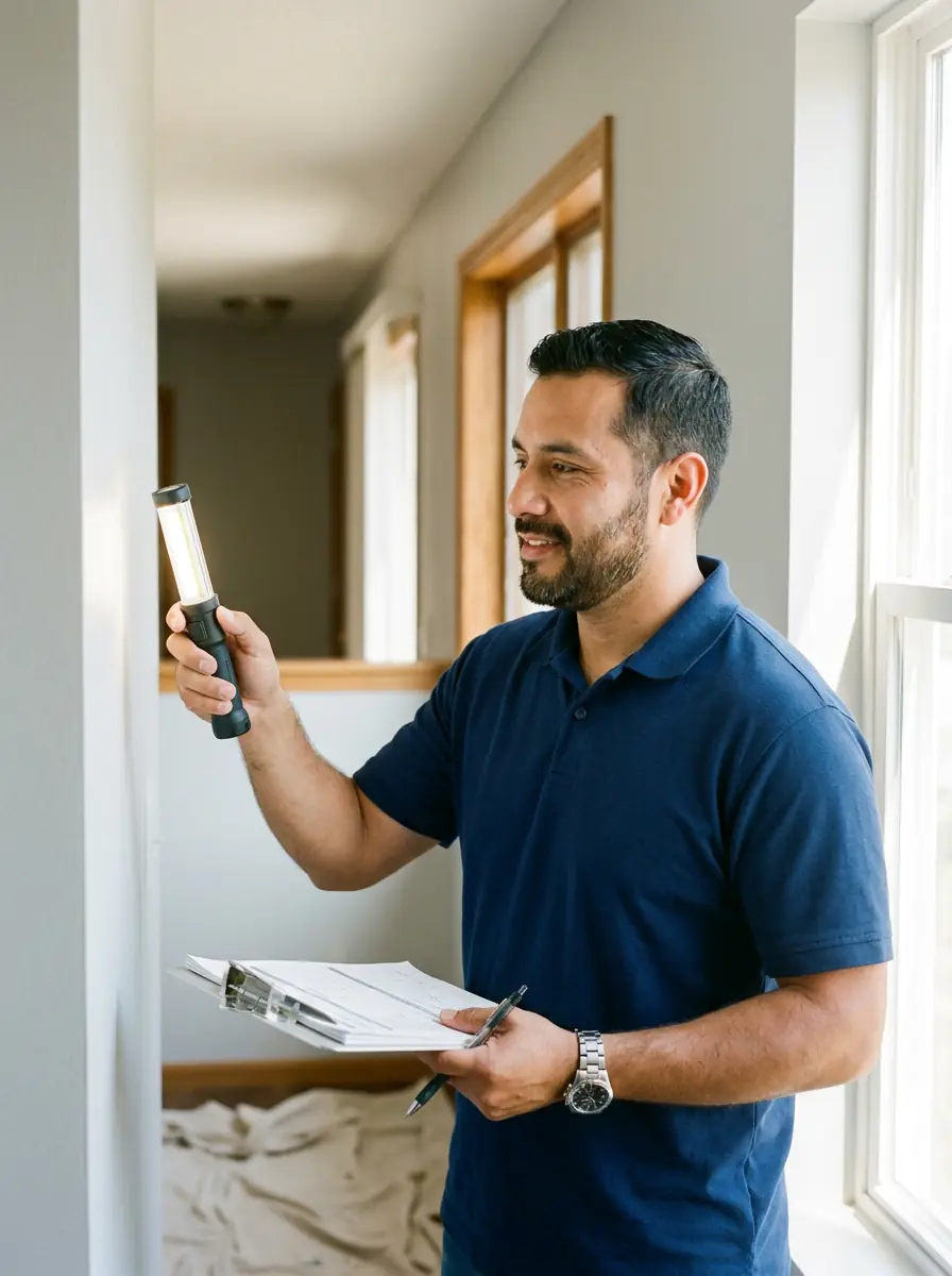 Painting company owner inspecting a freshly painted interior wall with an LED detail light while holding a clipboard