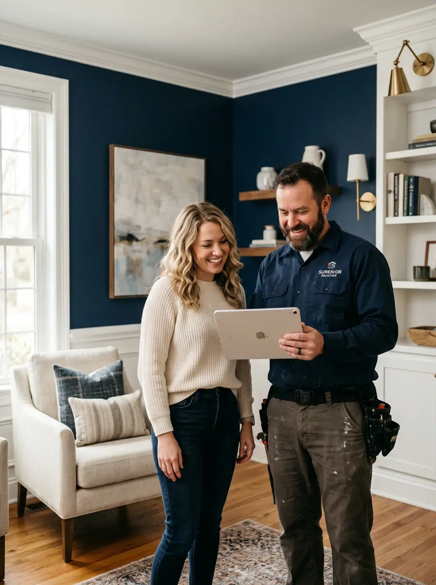 Painter and homeowner reviewing a final walkthrough checklist in a living room with freshly painted navy blue walls and crisp white trim
